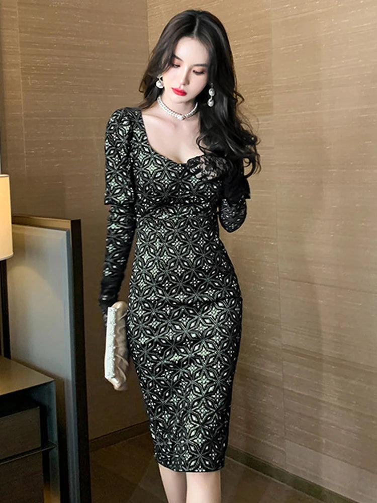 Black lace bodycon midi dress online