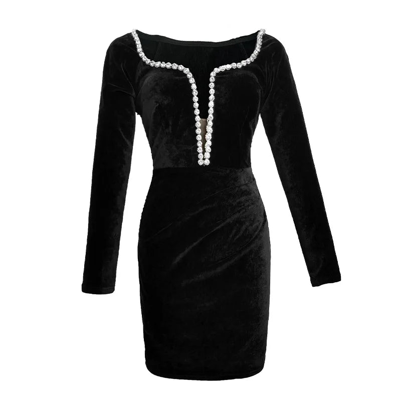 Velvet Bodycon Dress With Beaded Neckline on Luulla