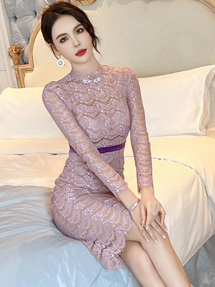 Elegant Lavender Lace Bodycon Midi Dress on Luulla