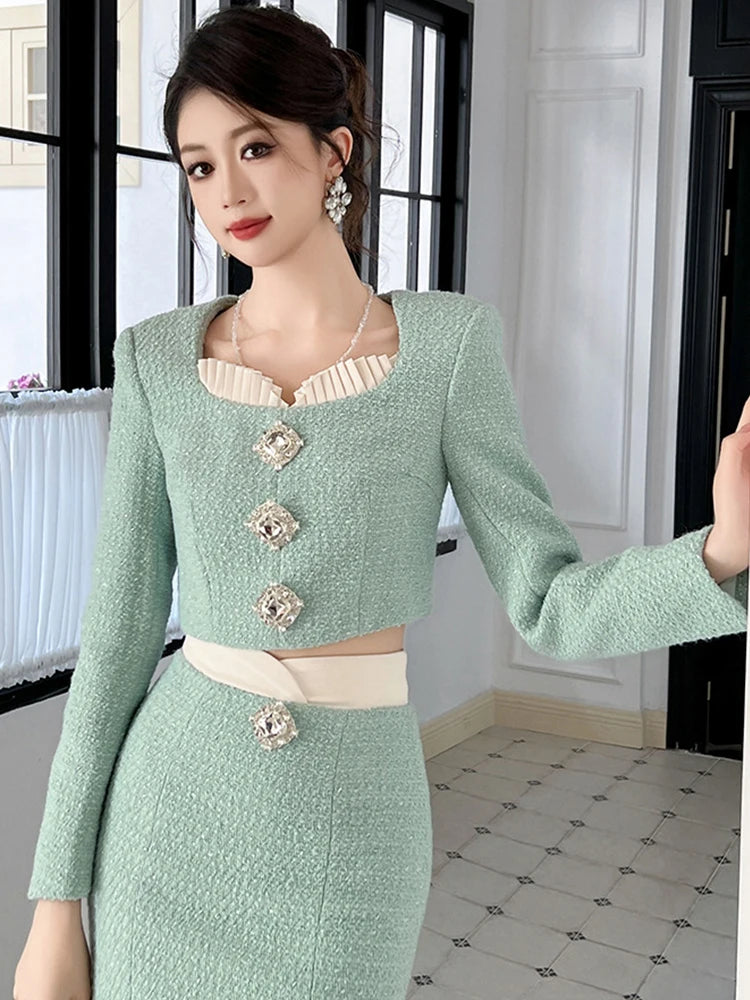 Tweed skirt suit green hotsell