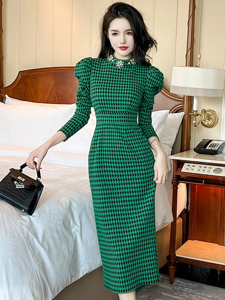 slim fit dress slacks Retro Stage 1950s Black White Houndstooth Top Pleated Hem Midi Dress main image 1