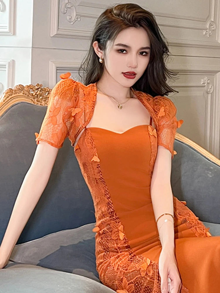 Orange lace bodycon dress outlet