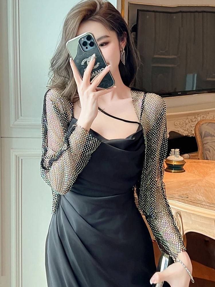 black dress with cover up Black Open Back Maxi Dress With Long Sleeves main image 0