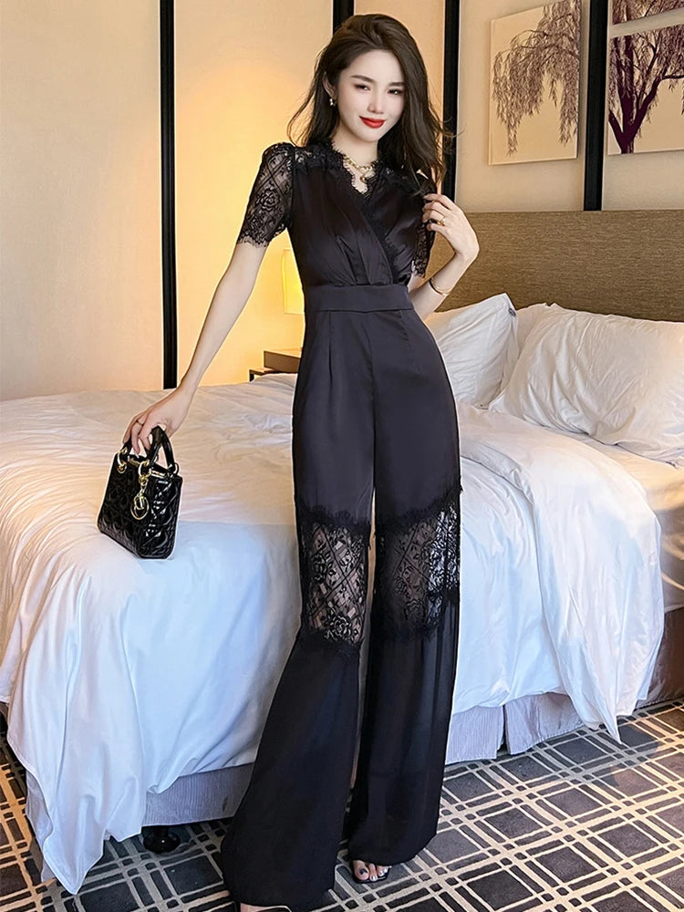 Elegant Black Lace Panel Womens Jumpsuit on Luulla