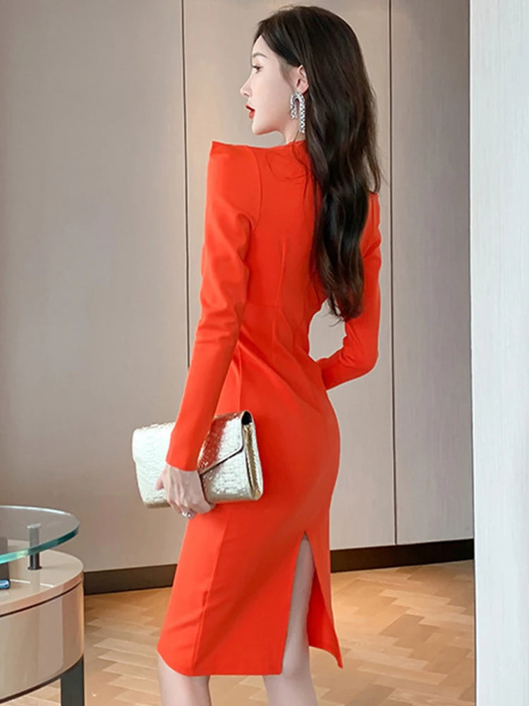 Elegant Long Sleeve Red Bodycon Midi Dress on Luulla