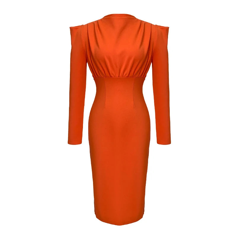 Elegant Long Sleeve Red Bodycon Midi Dress on Luulla