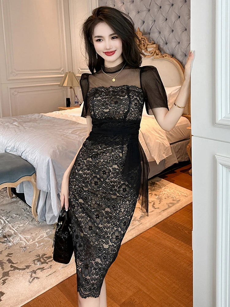 Elegant Black Lace Midi Dress For Women on Luulla