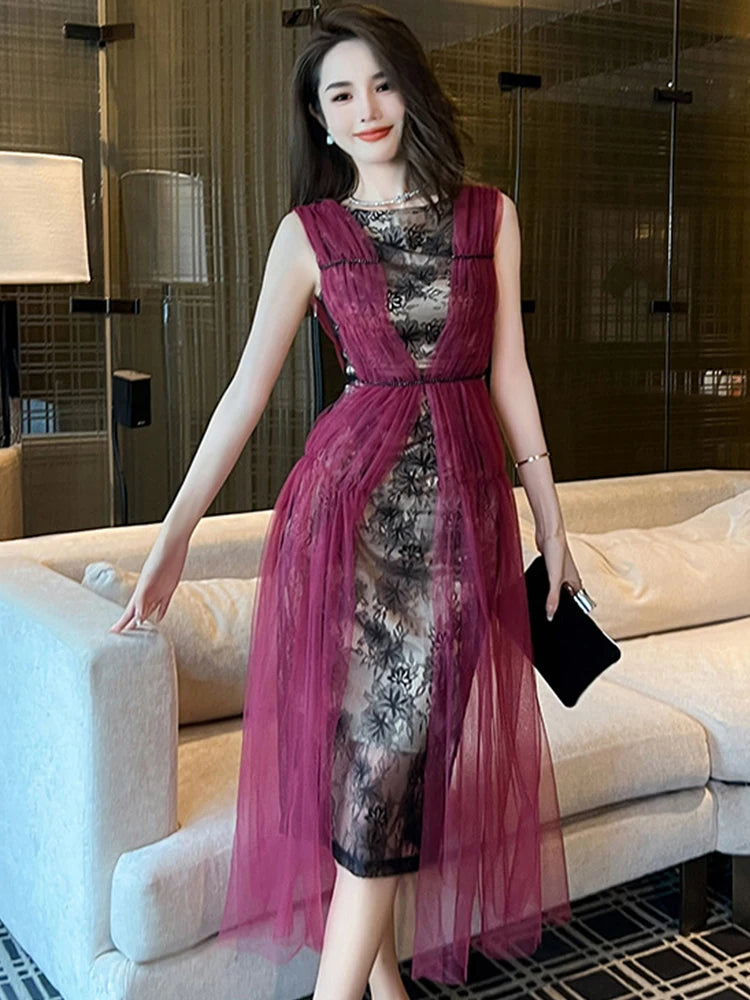 Elegant Burgundy Lace Dress with Sheer Overlay