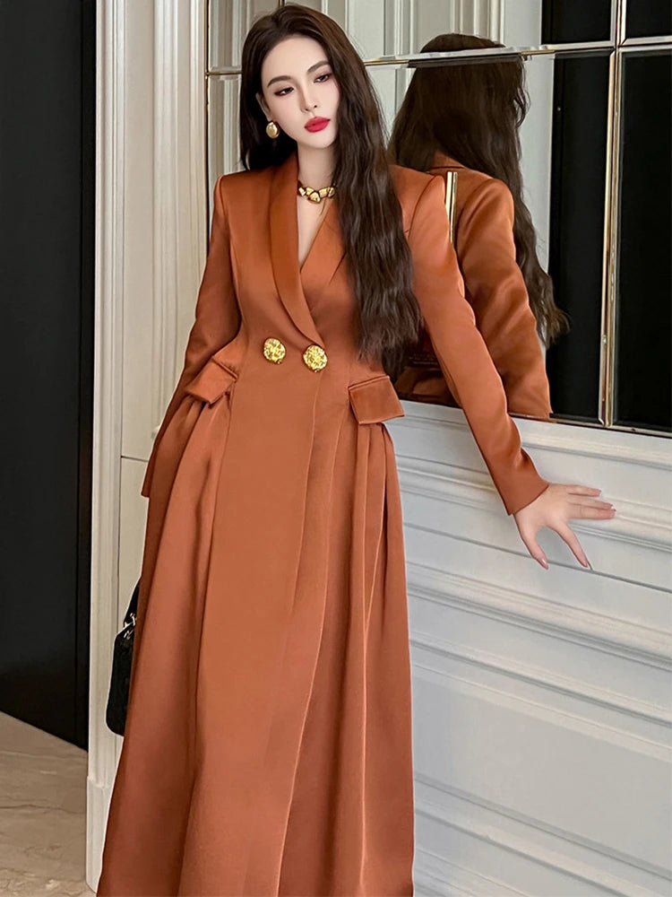 Elegant Double-Breasted Long Orange Blazer Dress