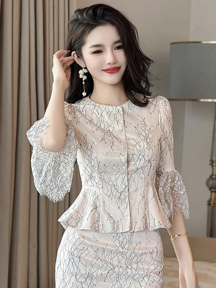 Elegant Lace Peplum Top And Skirt Set