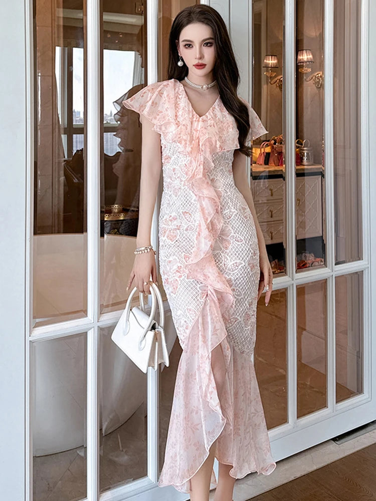 knee length dresses for ladies Pink Floral Print V Neck Ruffle Sleeve Plus Size Midi Dress Pink / 4X / 100%Polyester by Blue Zone Planet