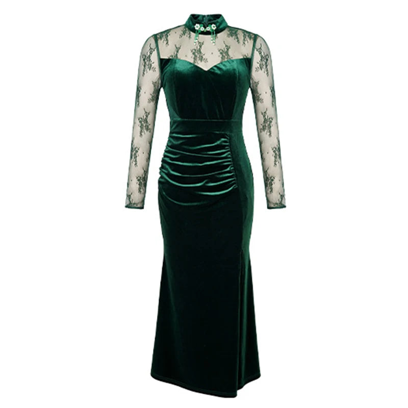 slim fit dress slacks Plus Size Bottle Green Velvet Lace Dress – DESINOOR.COM main image 0