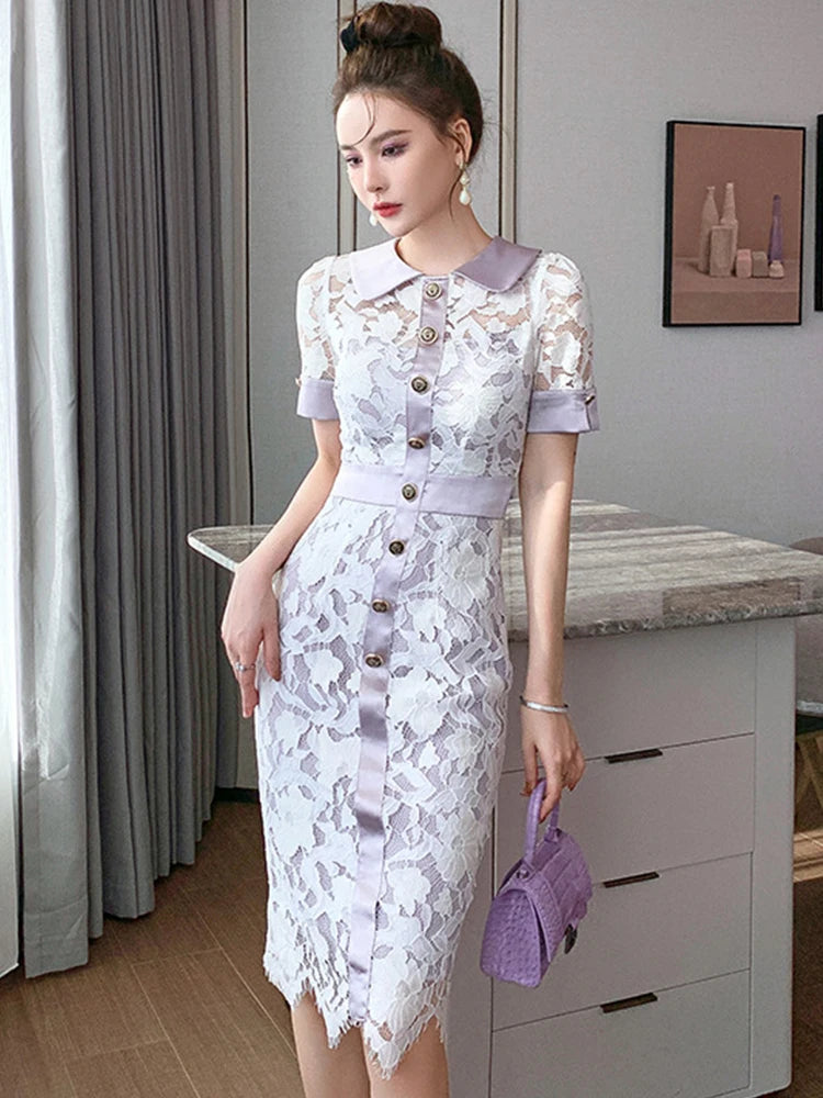 Bodycon Knee Length White Lace Dress Chic Lace Bodycon Dress Knee-Length  V-Neck Vestidos Ideal