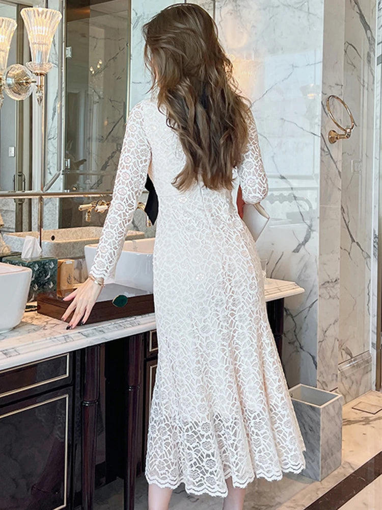 Elegant White Lace Dress With Black Bow