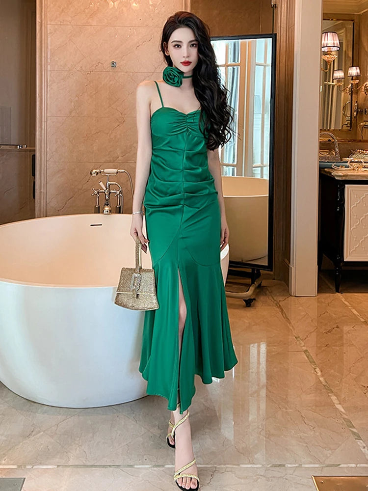 Emerald Green Satin Midi Dress with Slit Emerald Green Satin Midi Dress With Slit on Luulla