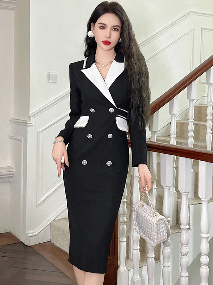 Elegant Black And White Double-breasted Midi Dress on Luulla