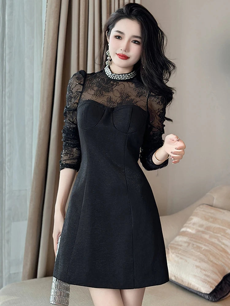 Cocktail Pretty Long Black Dresses Elegant Black Lace Long Sleeve Cocktail  Dress