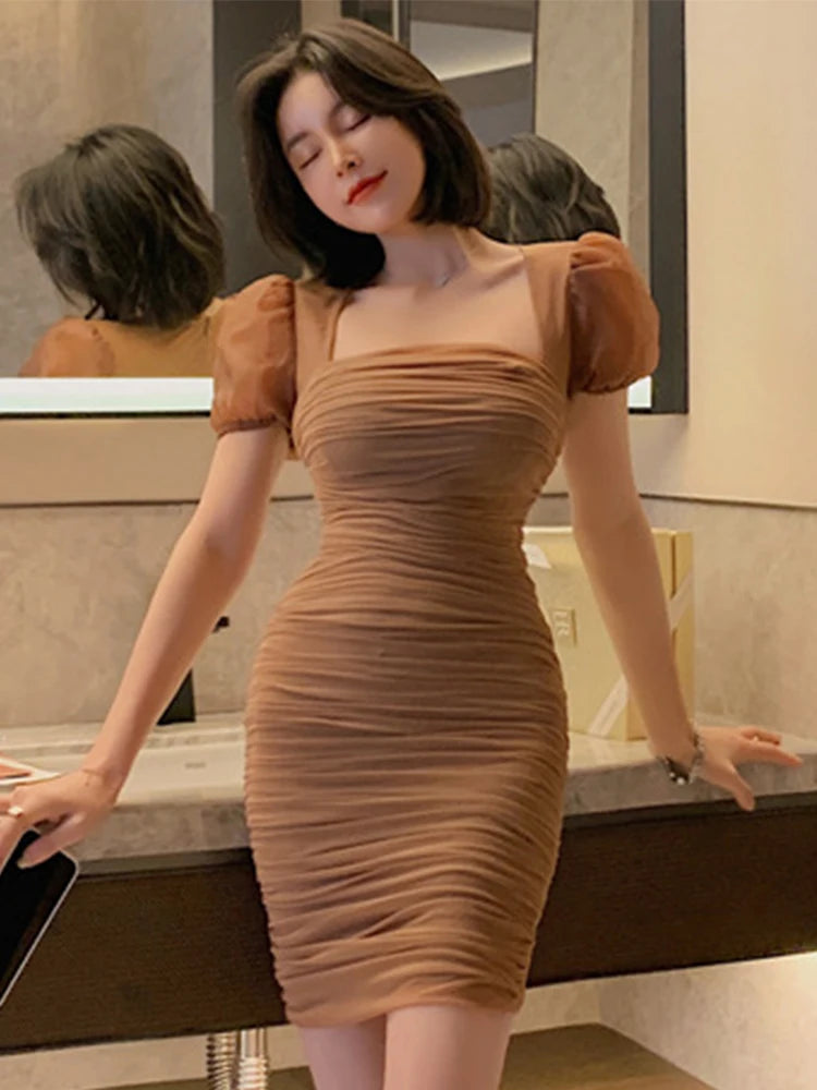 Elegant Brown Ruched Puff Sleeve Mini Dress