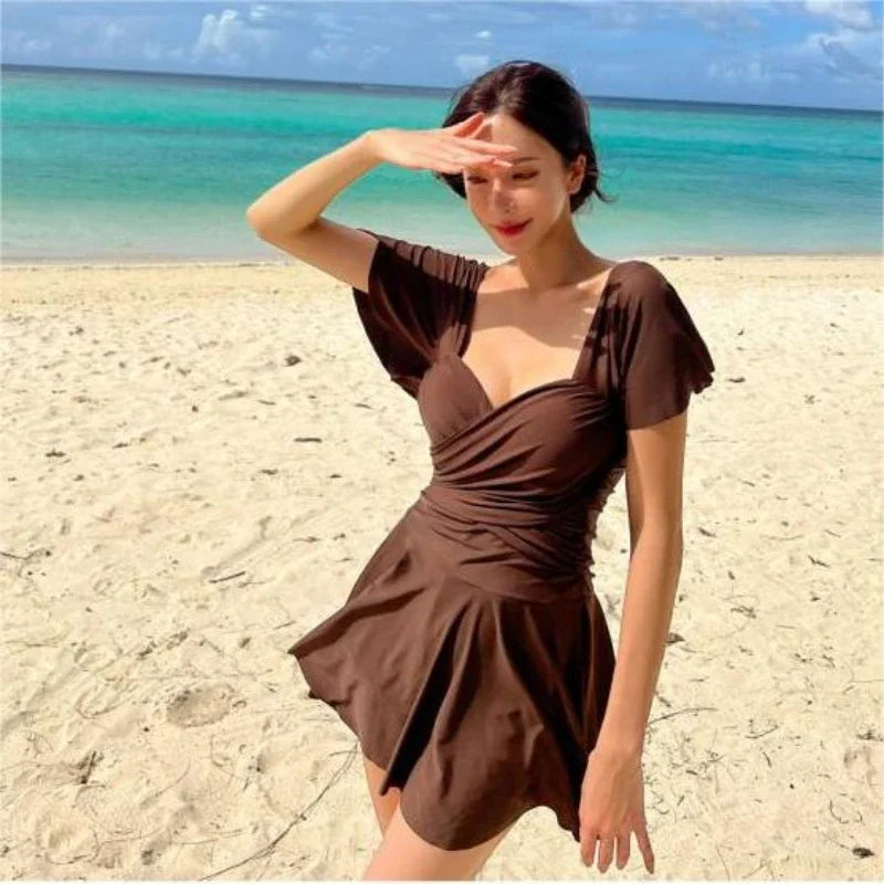 Womens Brown Ruched Beach Dress Swimwear