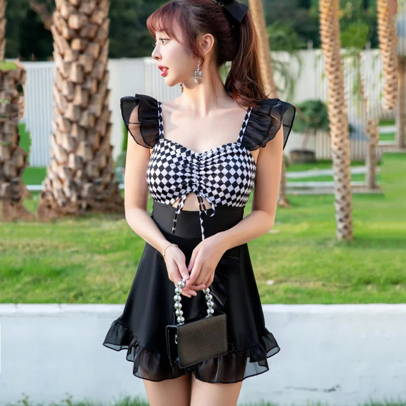 Checkerboard Ruffle Sleeve Dress with Sheer Details
