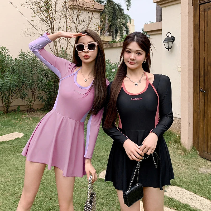 Womens Long Sleeve Two-toned Skater Dress