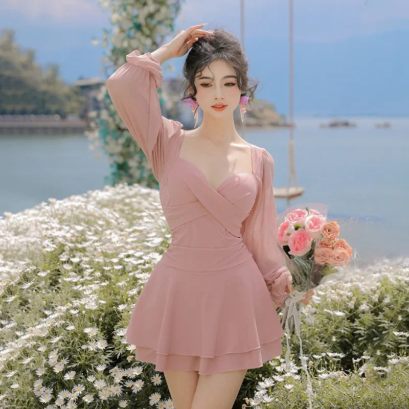 Summer Pink Chiffon Long Sleeve Mini Dress