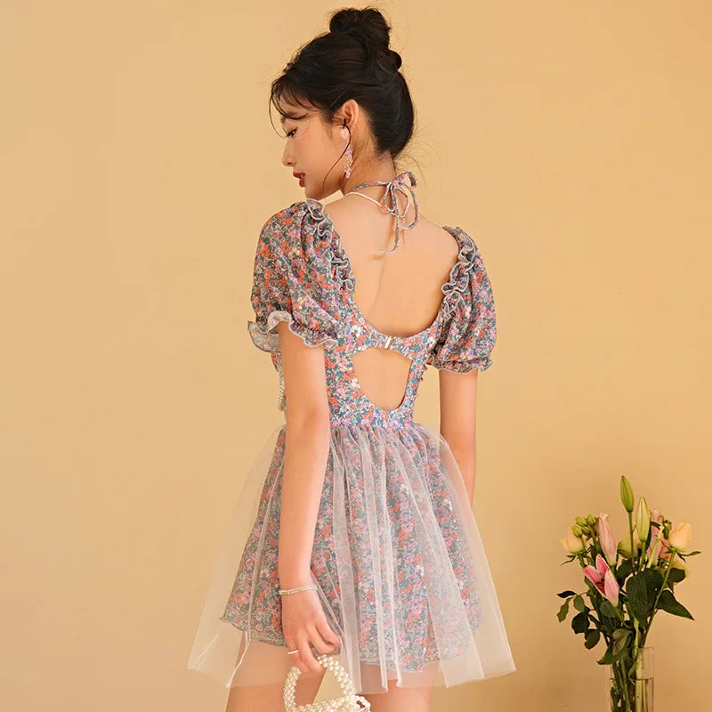 uo embroidered puff sleeve babydoll dress Beige Raw Edge Bell Sleeve Babydoll Dress – PinkBlush main image 1