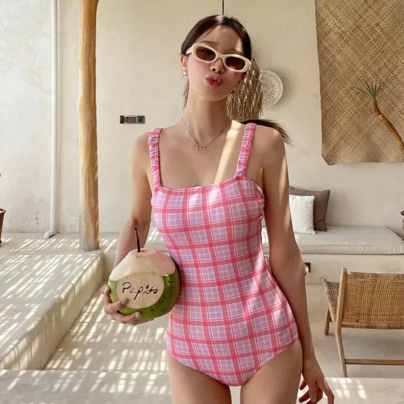 Pink Plaid One piece Swimsuit For Women on Luulla