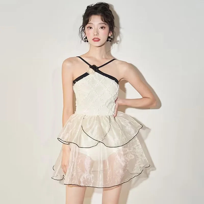 Elegant White Layered Chiffon Lace Dress