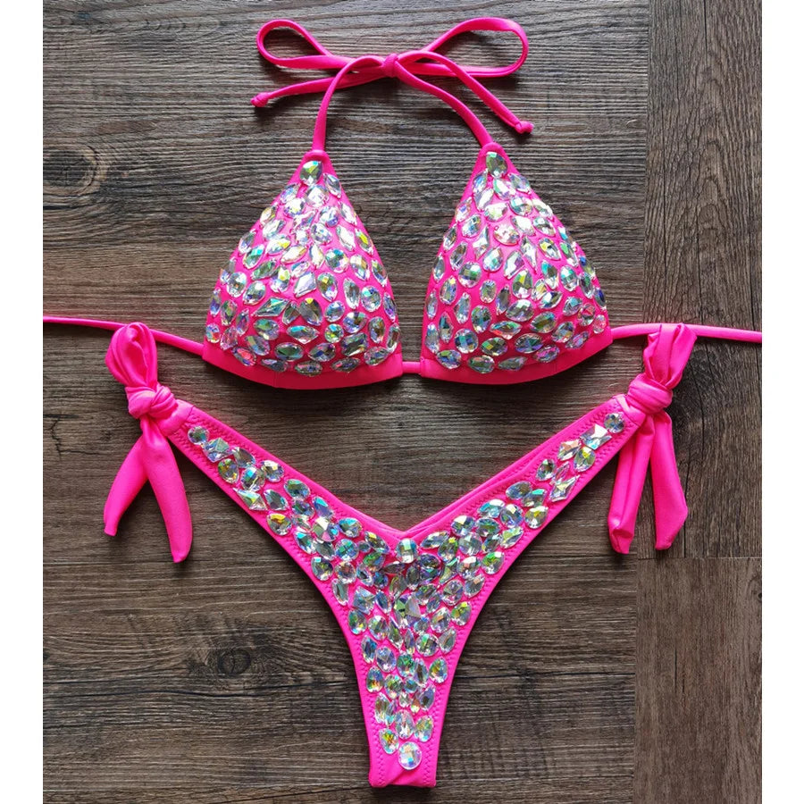 Neon Pink Rhinestone Embellished Triangle Bikini Set