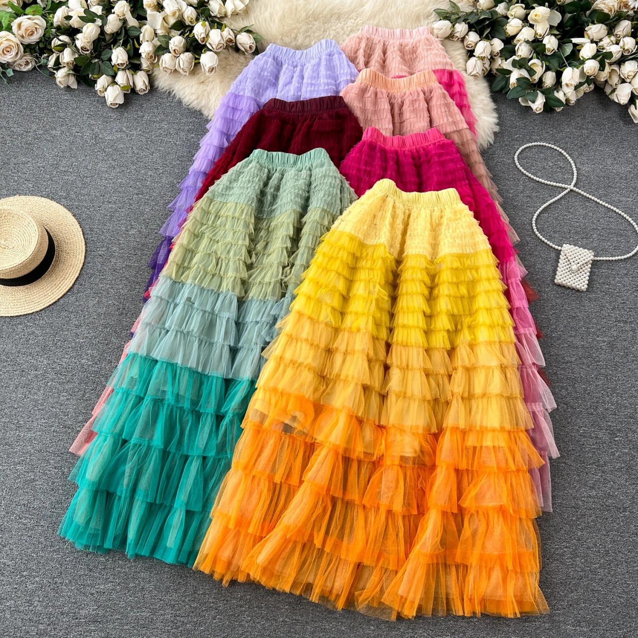 Colorful Layered Tulle Maxi Skirt For Women on Luulla