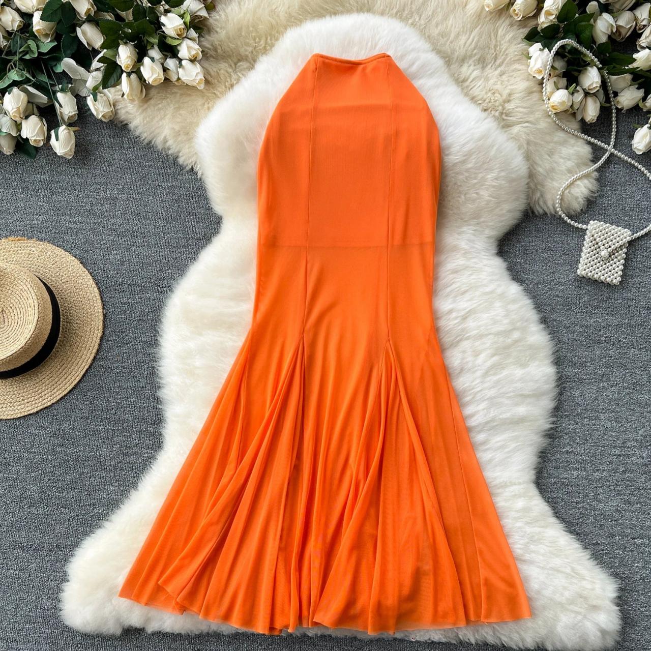 Elegant Orange Halter Neck Maxi Dress