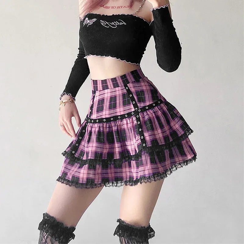 Pink black plaid skirt outlet