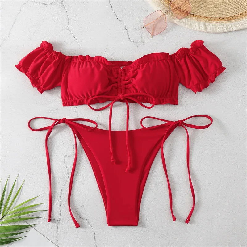 Red Off shoulder Tie Bikini Set Swimwear on Luulla