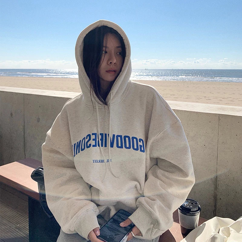 Cozy Oversized Hoodie With Positive Vibes Print on Luulla