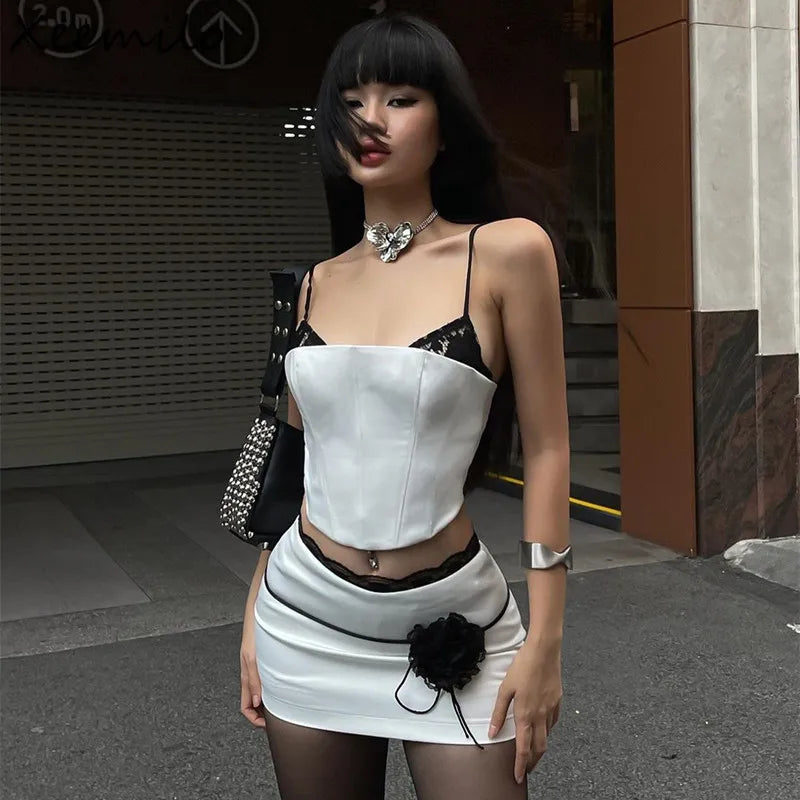 White Satin Corset Mini Dress with Black Lace