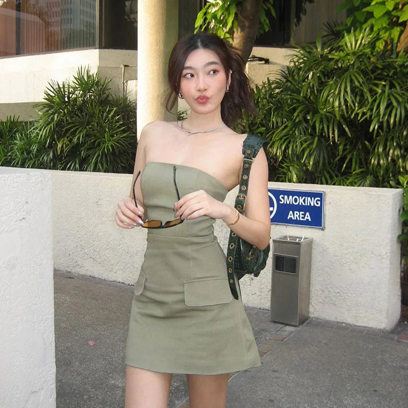 strapless olive green dress Lioness Strapless Ruffle Midi Dress main image 1