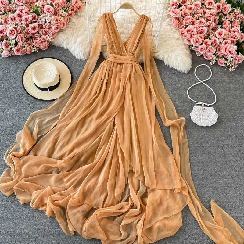 Elegant Chiffon Maxi Dress With Deep V-neck on Luulla