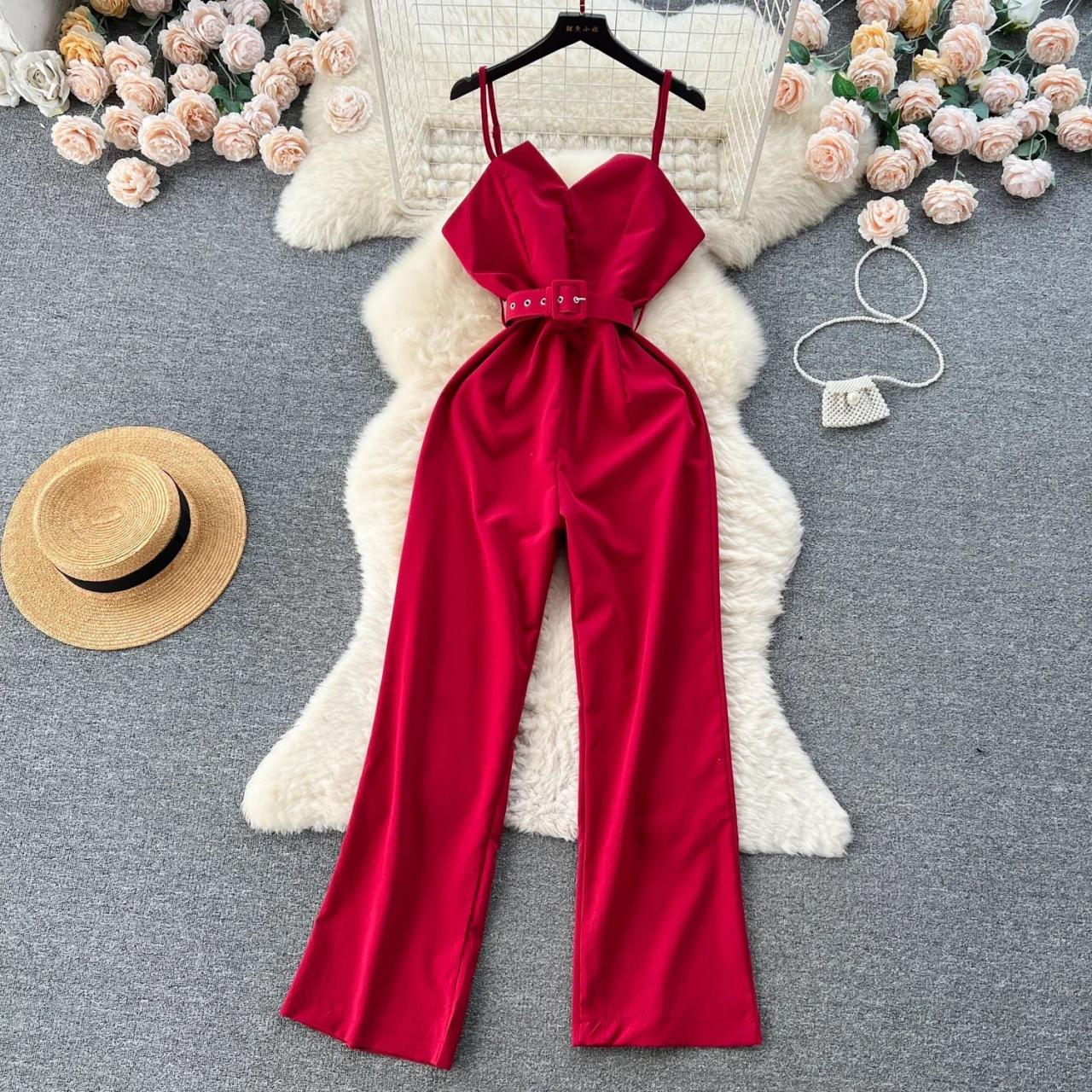 Red belted jumpsuit hot sale