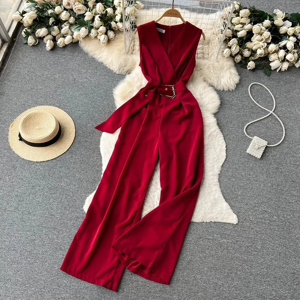 Elegant Red Sleeveless Belted Wide-leg Jumpsuit on Luulla