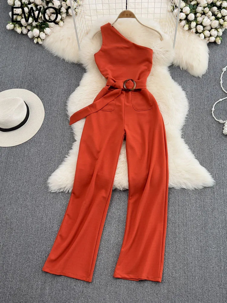 Fashionstyles One Shoulder Belted Wide Leg Jumpsuit Orange