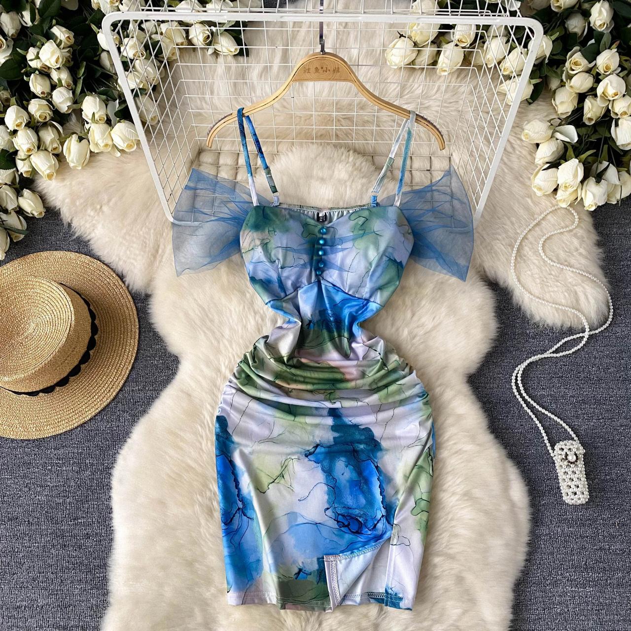 Elegant Watercolor Print Mini Dress with Sleeves