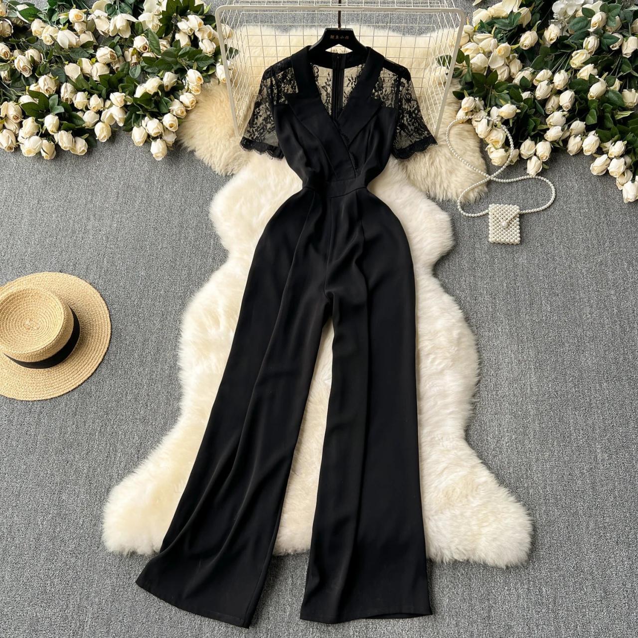 knee length dresses for ladies Perfee Lace Round Neck Long Sleeve Jumpsuit Black / S main image 0