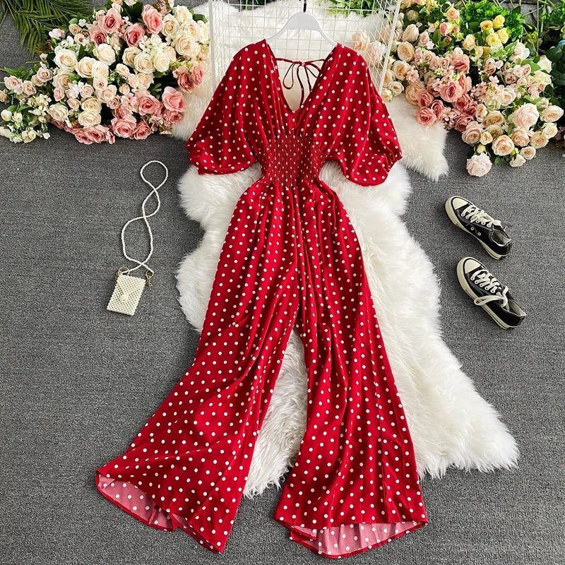 Red polka dot jumpsuit shop