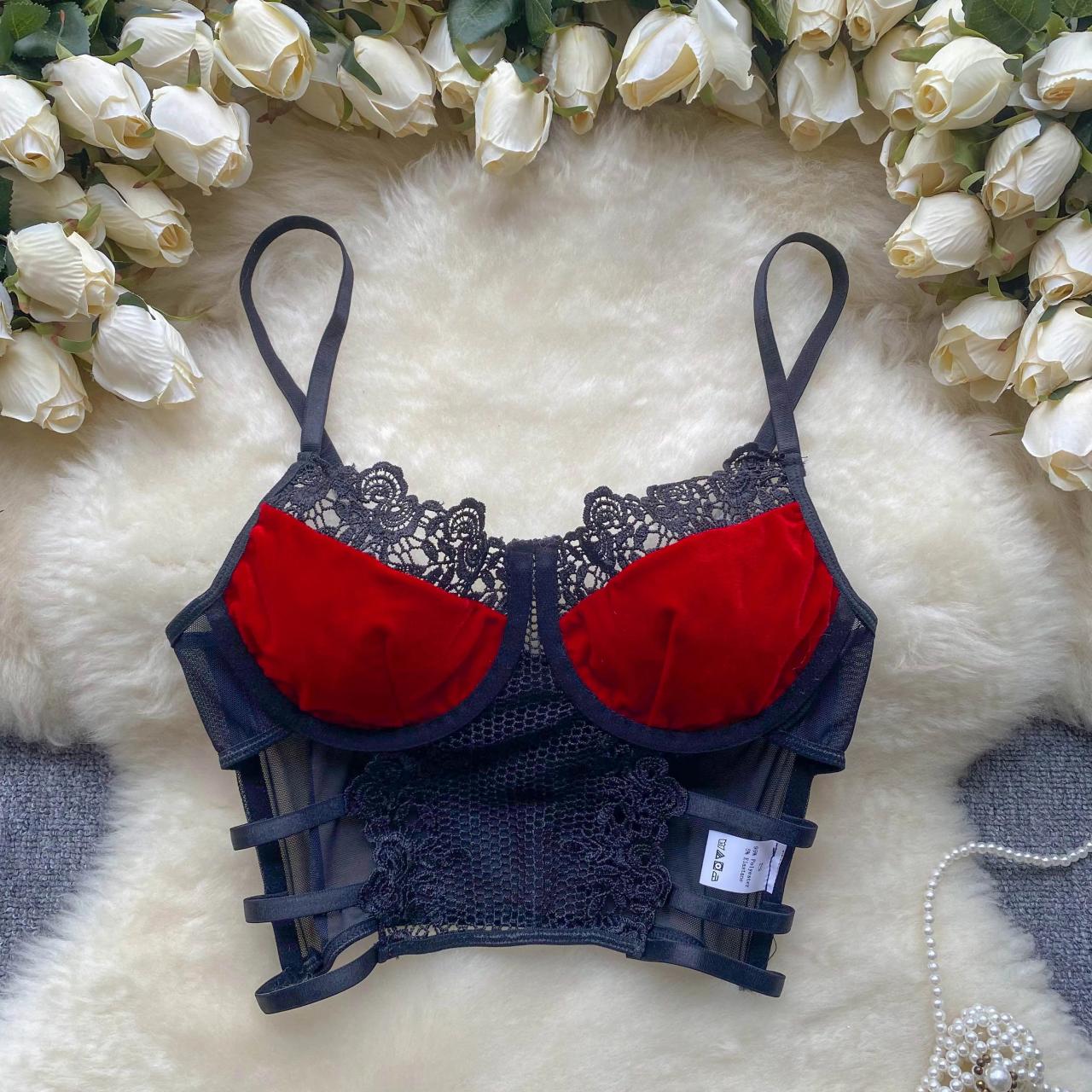 Elegant Black Lace And Red Velvet Bralette