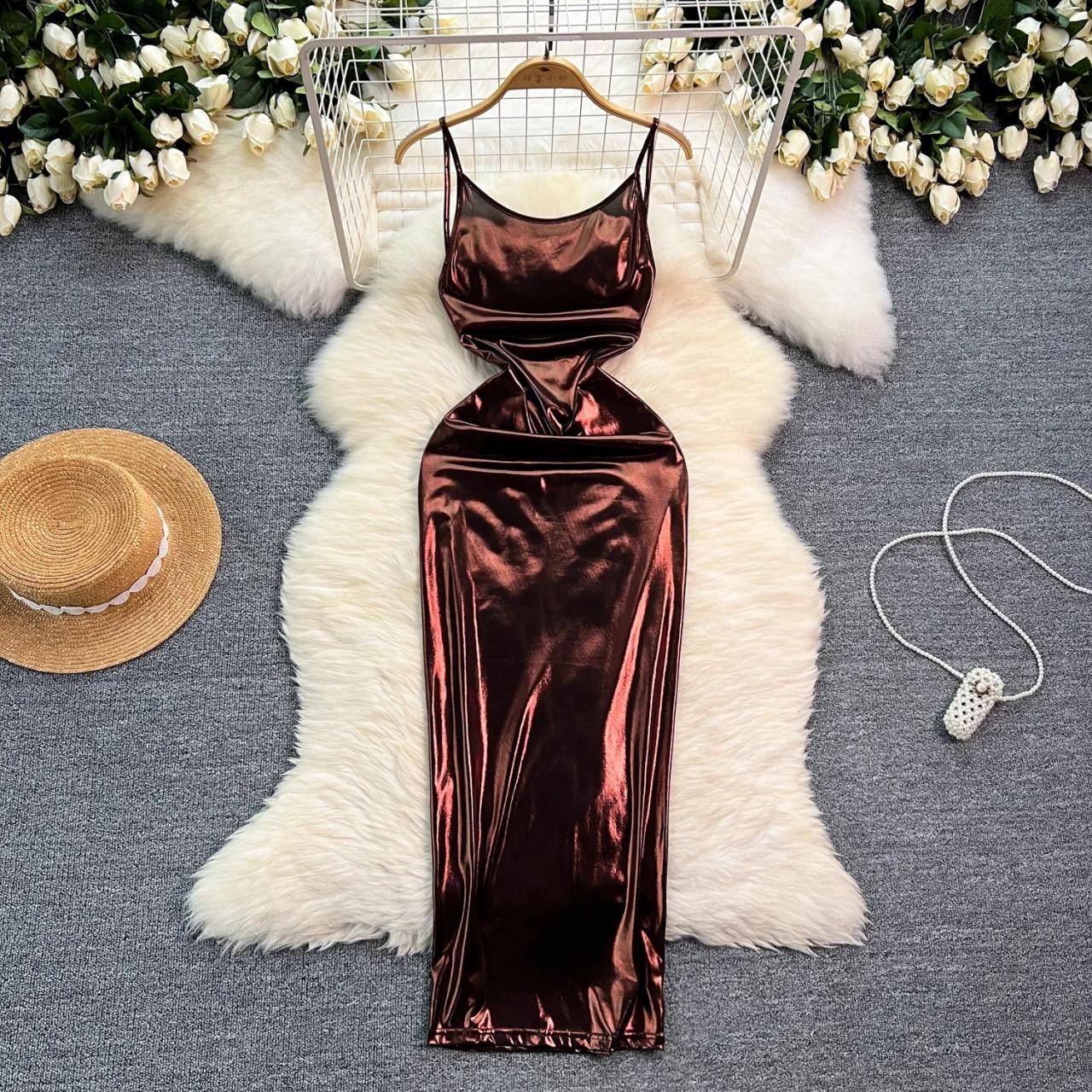 knee length dresses for ladies Women's DOORBUSTER Metallic Moment Asymmetric Satin Midi Dress in Taupe