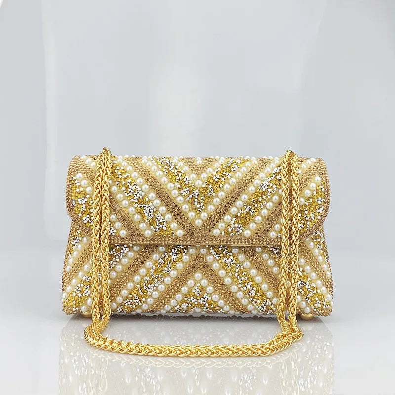 Pearl and Rhinestone Embellished Handbag in Gold
