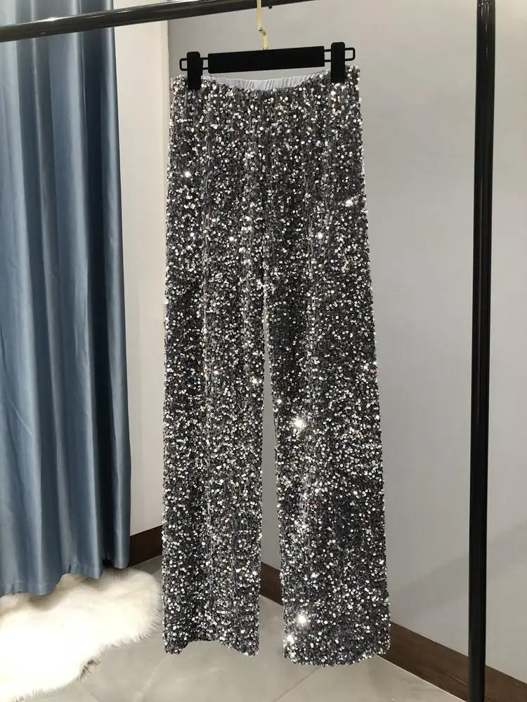 Silver sequin wide leg trousers sales
