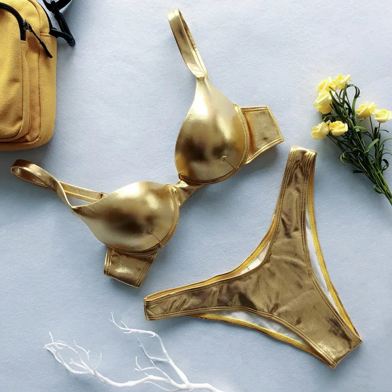 Gold Metallic Push up Bra And Panty Set on Luulla