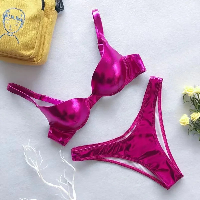 Shiny Pink Metallic Bikini Set Sexy Lingerie on Luulla